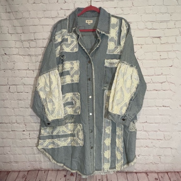 POL Lace & Crochet Patch Relaxed Fit Striped Denim Shacket, Size Medium - Picture 7 of 16